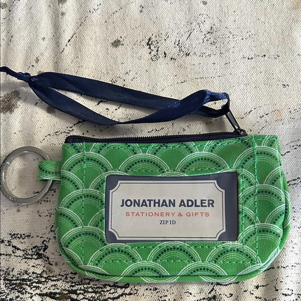 Jonathan Adler Green and ID/Change Purse with Key Ring, Classic JA Pattern